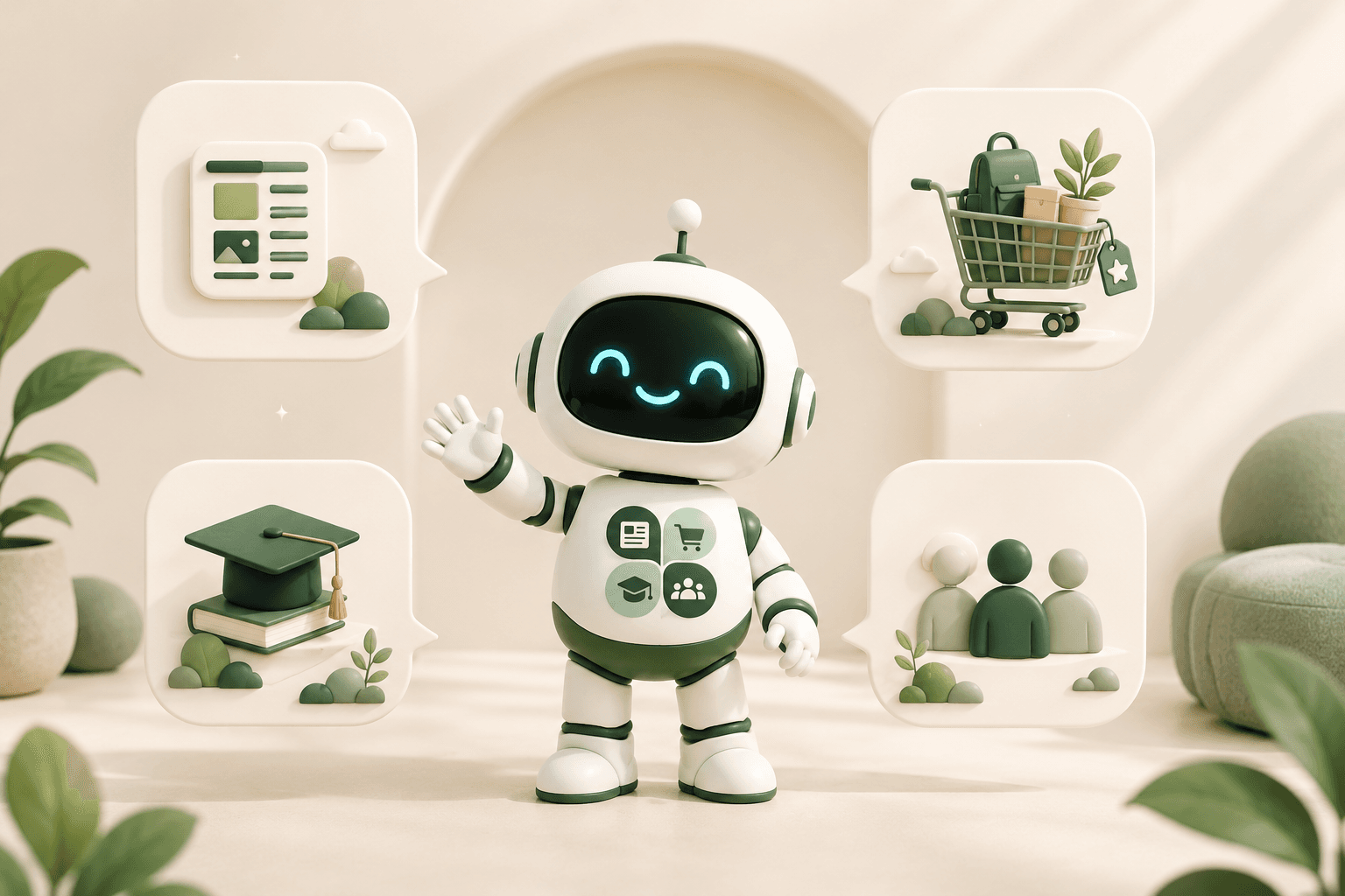 Robotron, das clickted-Maskottchen, winkt und ist umgeben von vier schwebenden Bubbles für News, Marktplatz, Lernen und Community